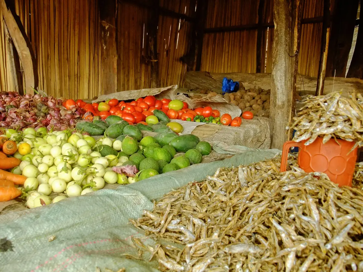 Légumes et poissons séchés exposés au marché de Mto wa Mbu